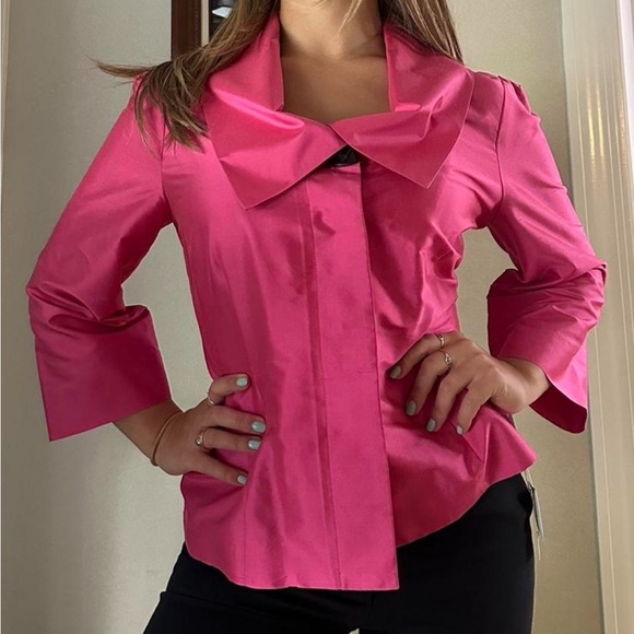 Hot pink satin blouse shirt with cute collar and button detailing - Picture 3 of 6